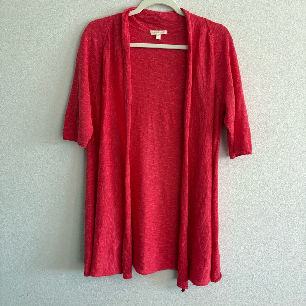 Eileen Fisher Open-Front Waterfall Cardigan Sweater Linen/Cotton Women Small Red